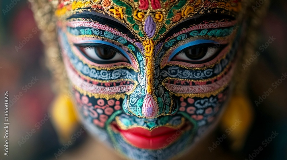 Close-up of a woman's face adorned with vibrant, intricate, traditional makeup. Close-up of a woman's face adorned with vibrant, intricate, traditional makeup.