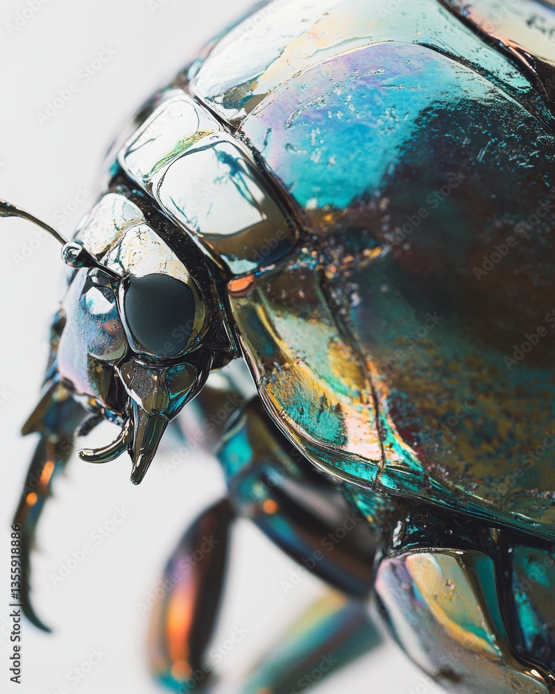 Fototapeta premium A close-up view of a beetle showcasing its iridescent shell and intricate details. Nature reveals amazing beauty in small creatures. Discover the wonders of insects in art. Generative AI