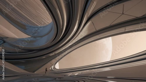 Curved Futuristic Space Architecture Overlooking Earth