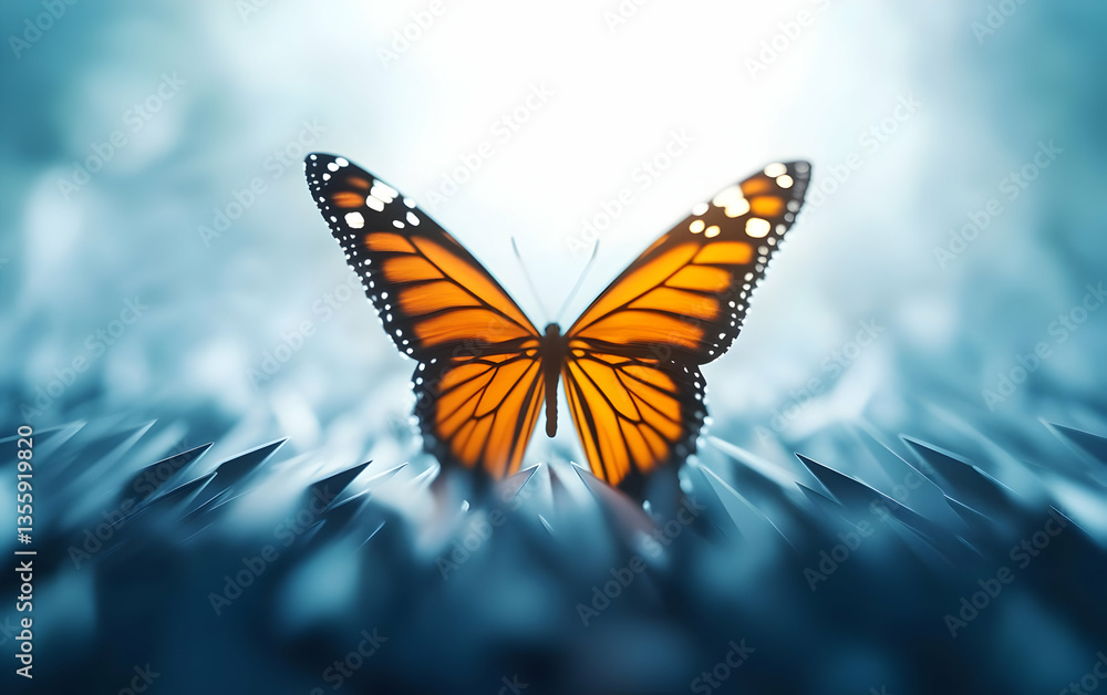Naklejka premium Close-up of a vibrant orange butterfly perched on a delicate surface, showcasing intricate wing patterns against a soft blue background.