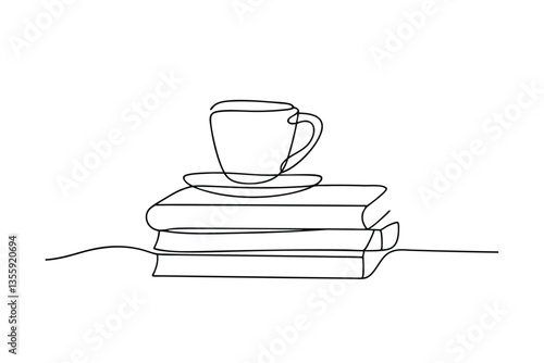 Singleline drawing Coffee cup on stacked books, reading, relaxation