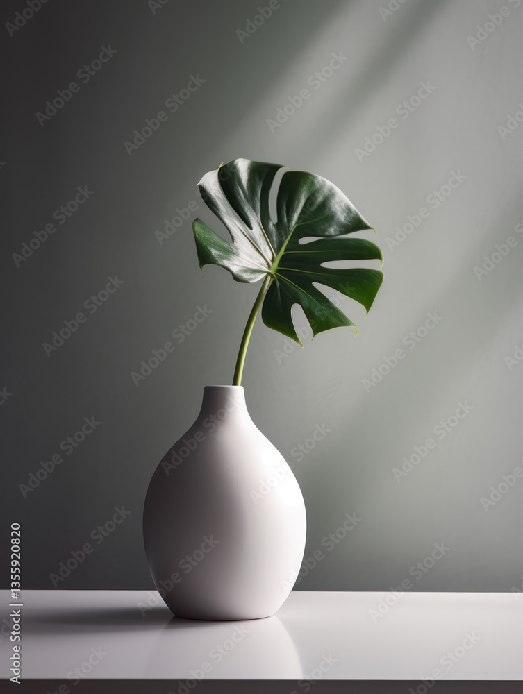 Minimalist still life with a single monstera leaf in a white vase