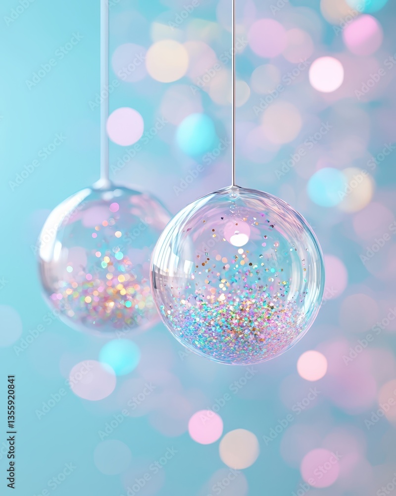 Fototapeta premium Shimmering Transparent Ornaments with Glitter Against Pastel Background