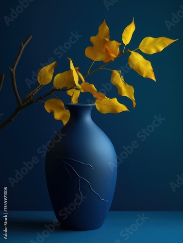 Dark blue vase with autumn leaves