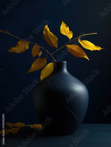 Autumnal still life with a dark vase and golden leaves