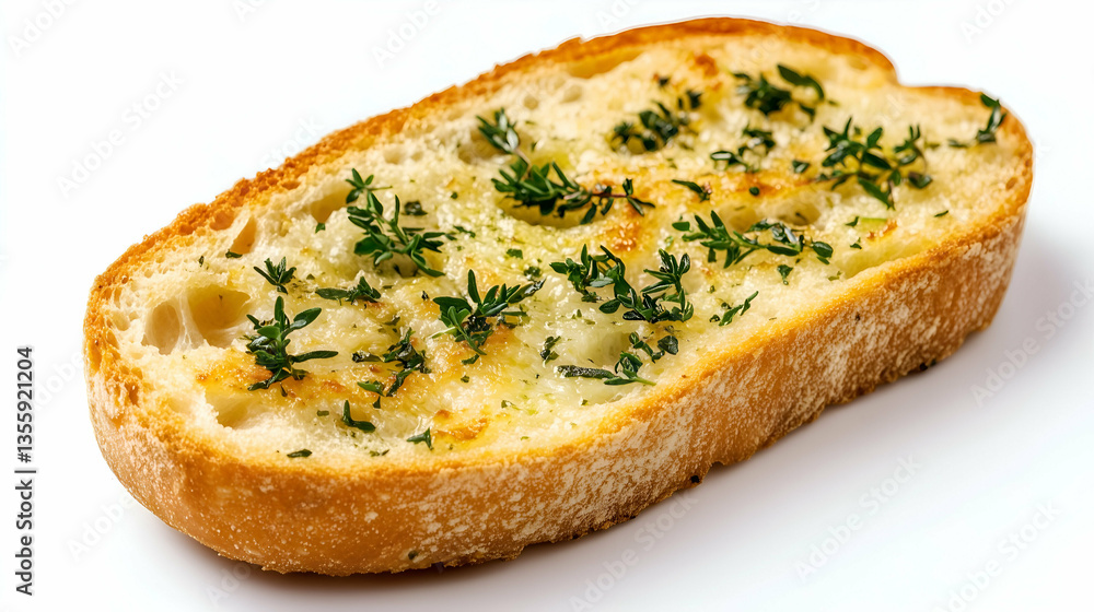 Garlic bread slice with melted butter and herbs. Crispy golden crust and soft inside, topped with chopped parsley and garlic, served on a white background. Garlic bread slice with melted butter and herbs. Crispy golden crust and soft inside, topped with chopped parsley and garlic, served on a white background.
