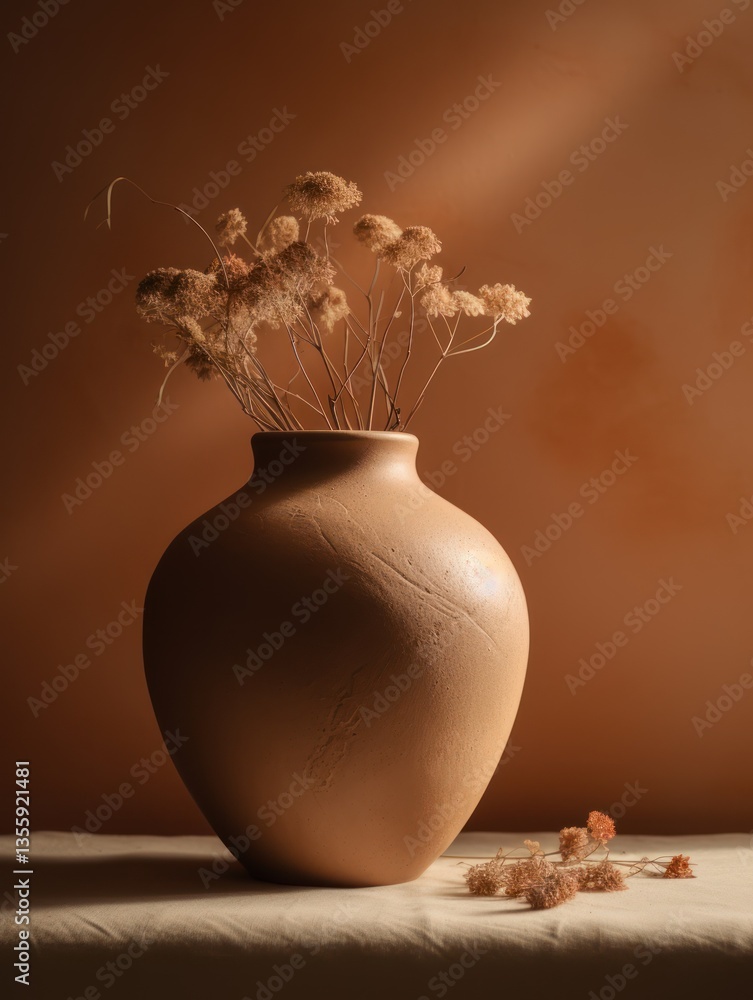 Rustic vase with dried flowers. Warm lighting and earthy tones