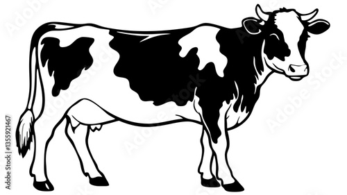 Holstein Cow Vector Illustration – Black & White Farm Animal Line Art, Dairy Cattle Clipart, Agriculture Logo, Rustic Vintage Livestock, Milk Branding Design