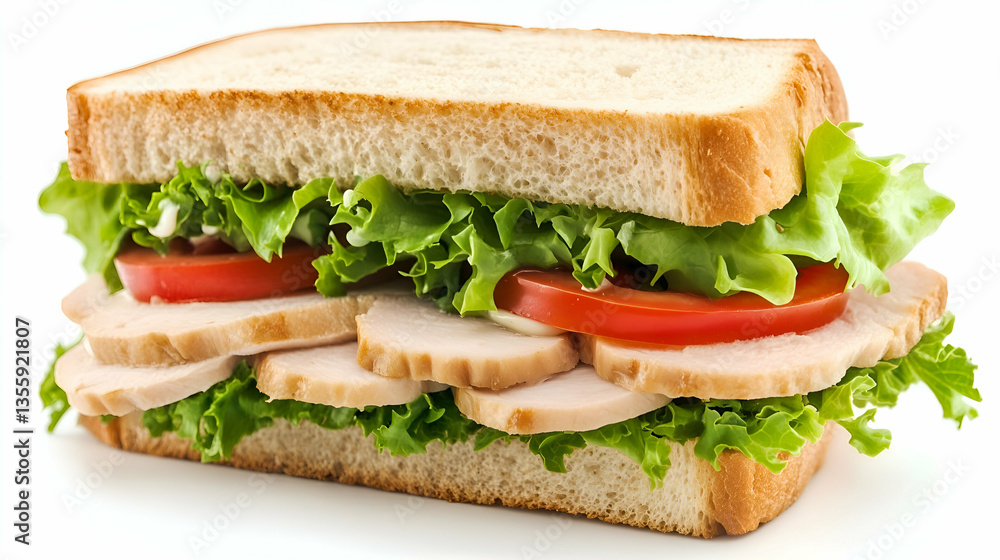 Turkey sandwich with lettuce and tomato. A fresh and healthy sandwich made with sliced turkey breast, crisp lettuce, tomato slices, and soft white bread. Turkey sandwich with lettuce and tomato. A fresh and healthy sandwich made with sliced turkey breast, crisp lettuce, tomato slices, and soft white bread.