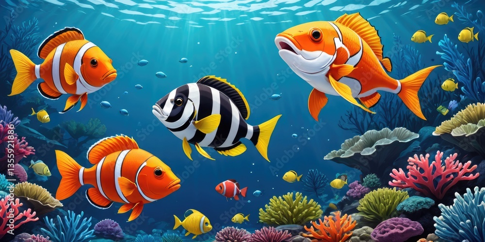 Naklejka premium Vibrant fish swimming through colorful coral reef under sunlit ocean water