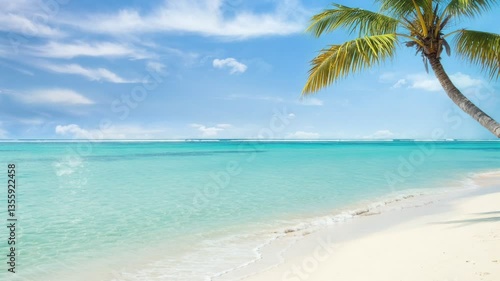 Wallpaper Mural White sand beach with clear water and calm waves, there are also coconut trees and a beautiful blue sky. Torontodigital.ca