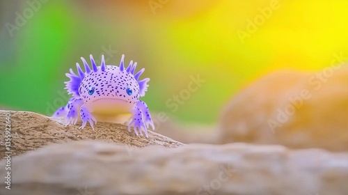 Purple axolotl figurine on rocks, soft focus background