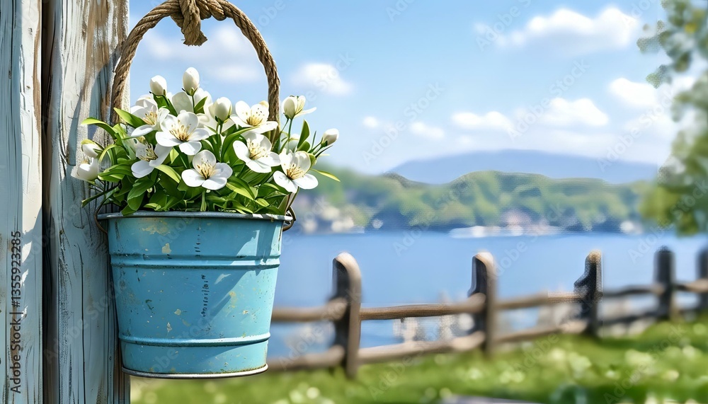 Fototapeta premium A bucket of white flowers hangs on the fence. 