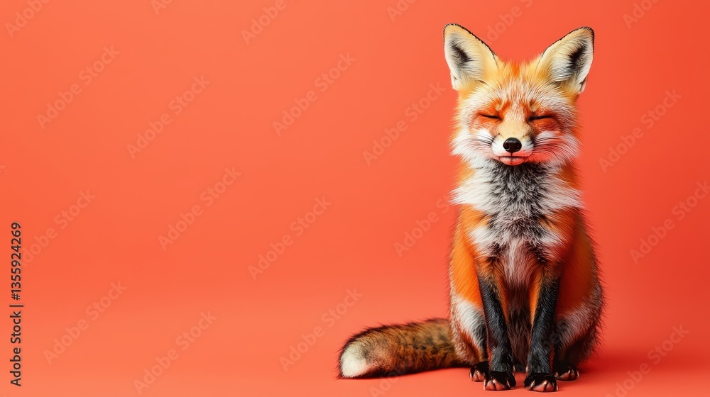 Fototapeta premium Cute red fox sitting happily on a vibrant orange background