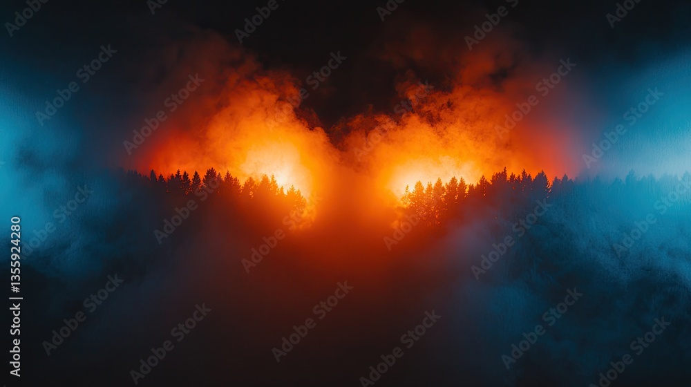 Naklejka premium Night forest, fiery glow, misty scene, surreal landscape, fantasy art