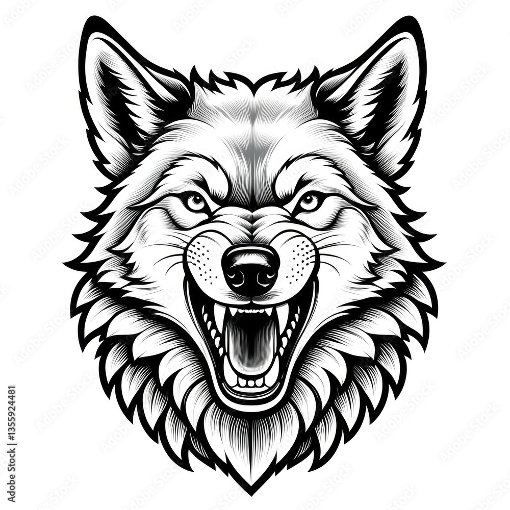 Obraz premium Detailed black and white wolf head with fierce expression in tattoo style art