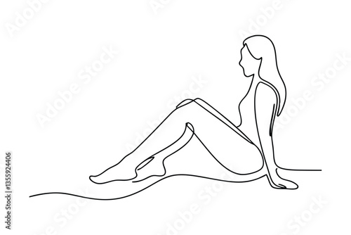Oneline drawing of a woman relaxing by the water