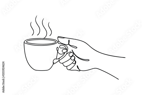 Single Line Drawing Hand Holding a Steaming Cup of Coffee