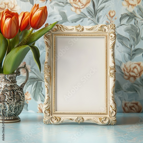Elegant picture frame, tulips, and vase