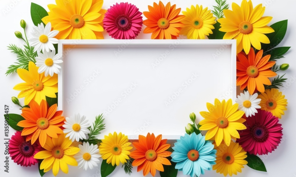 Fototapeta premium Colorful floral border with blank white space for text or design