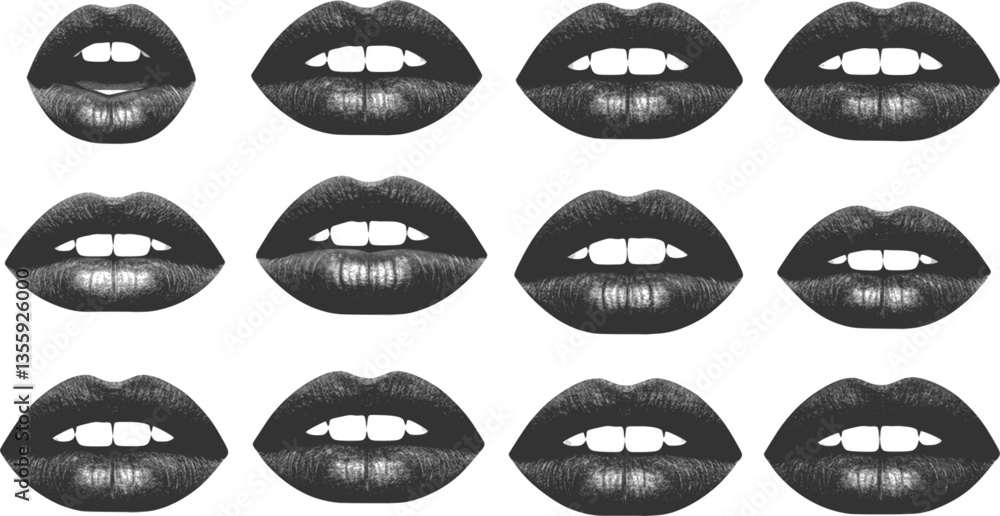 monochrome vector mouth in mezzotint photocopy effect, for grunge punk y2k collage design. lip and tongue talking retro elements. brutalist vintage illustration poster monochrome vector mouth in mezzotint photocopy effect, for grunge punk y2k collage design. lip and tongue talking retro elements. brutalist vintage illustration poster