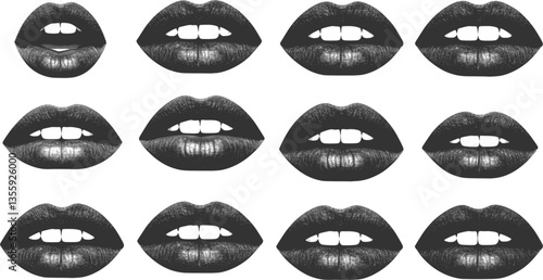 monochrome vector mouth in mezzotint photocopy effect, for grunge punk y2k collage design. lip and tongue talking retro elements. brutalist vintage illustration poster