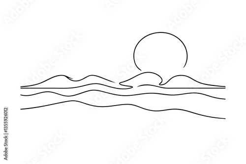 Minimalist Line Art Ocean Sunset Simple Beach Scene Drawing