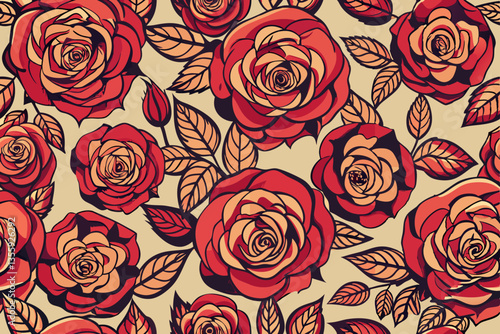 Seamless pattern of red rose and leaf background. vector background 