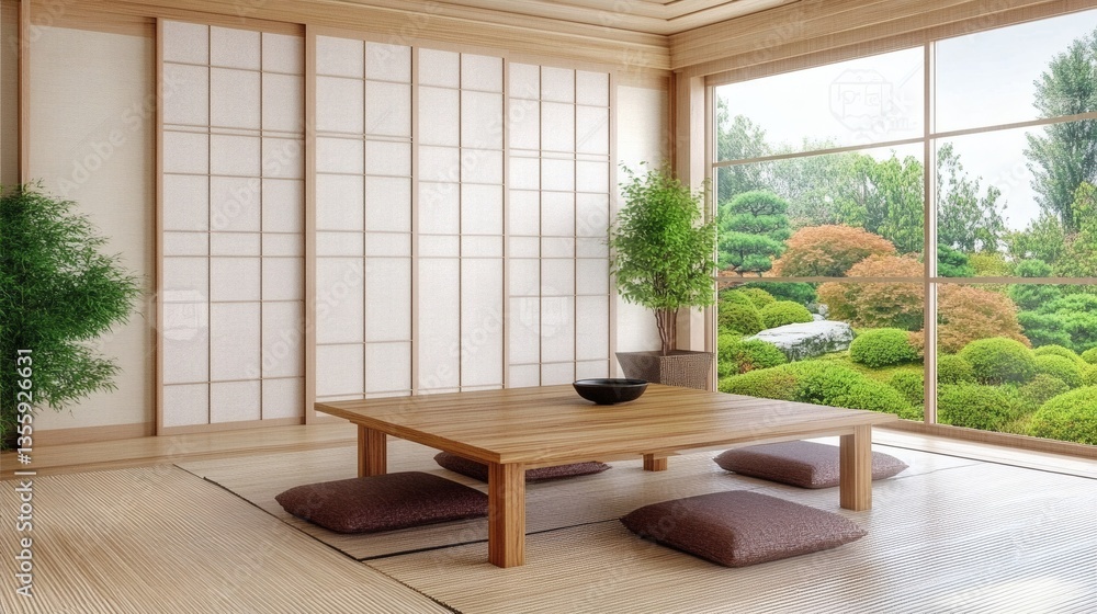 Naklejka premium Tranquil japanese room interior with garden view evoking serene contemplation