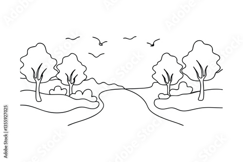 Simple Line Drawing Peaceful Nature Scene, Trees, Birds, Path