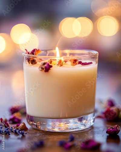 Scented candle with dried flowers.  Aromatic, warm glow