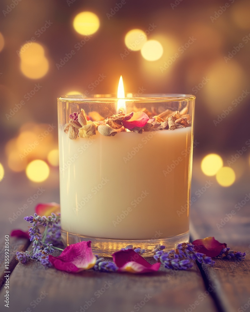 Scented candle with flower petals and herbs. Warm, inviting glow