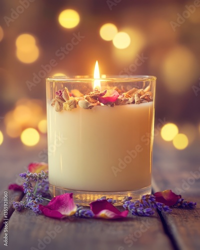 Scented candle with flower petals and herbs.  Warm, inviting glow