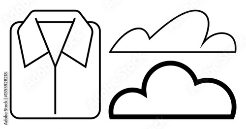 Shirt with collar alongside two differently shaped clouds, embodying cleanliness, laundry, and fresh air. Ideal for laundry, detergents, sustainable living, cloud storage, service branding