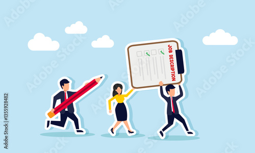 Businessman carries a pencil chasing a businessman and businesswoman running together lifting a job description board, illustration of a deadline in completing task lists