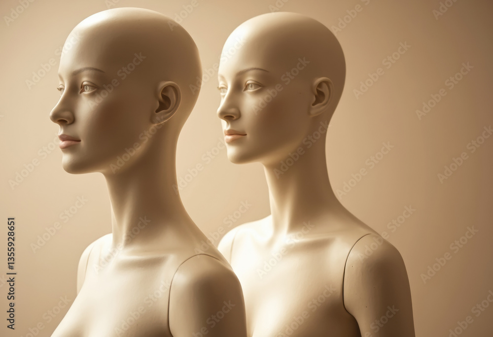 Fototapeta premium Two elegant mannequins showcasing a minimalist design against a soft background