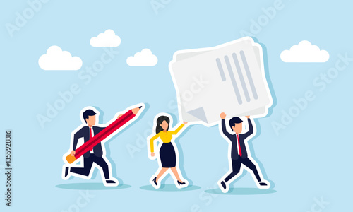 Businessman carries a pencil chasing a businessman and businesswoman running together lifting a work document, illustration of a deadline in completing task lists