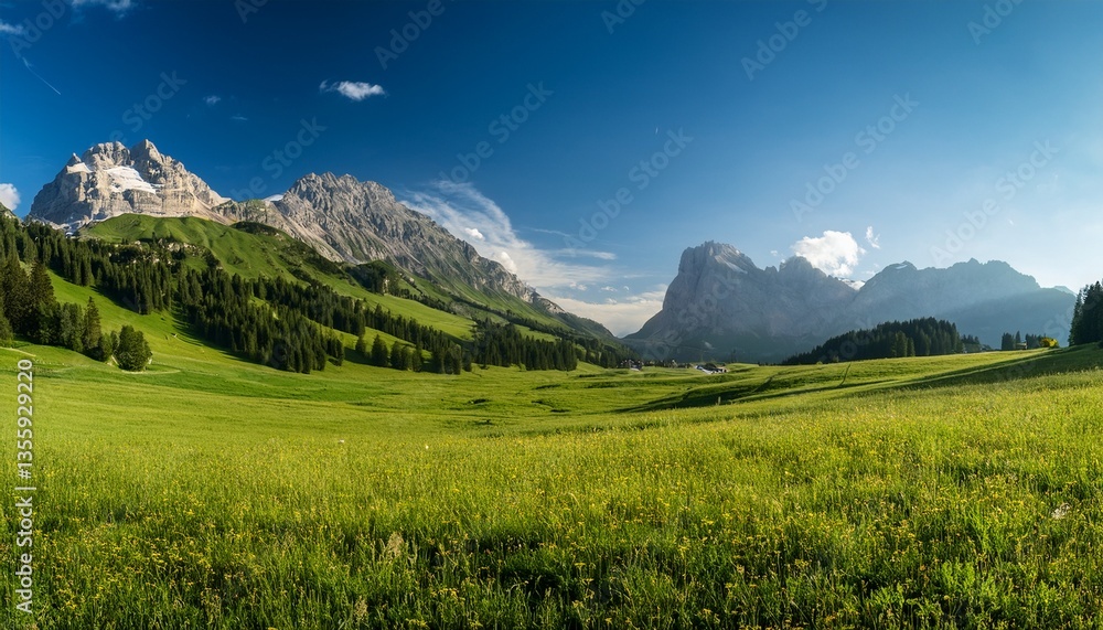 Obraz premium it was a bright and sunny day with a vast green meadow stretching out before me and majestic mountains rising in the background during the lovely afternoon