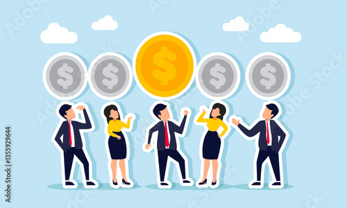 Businesspeople gather, each with a gray dollar coin above their head, except for one retaining its original color, illustration of tendency in choosing investors