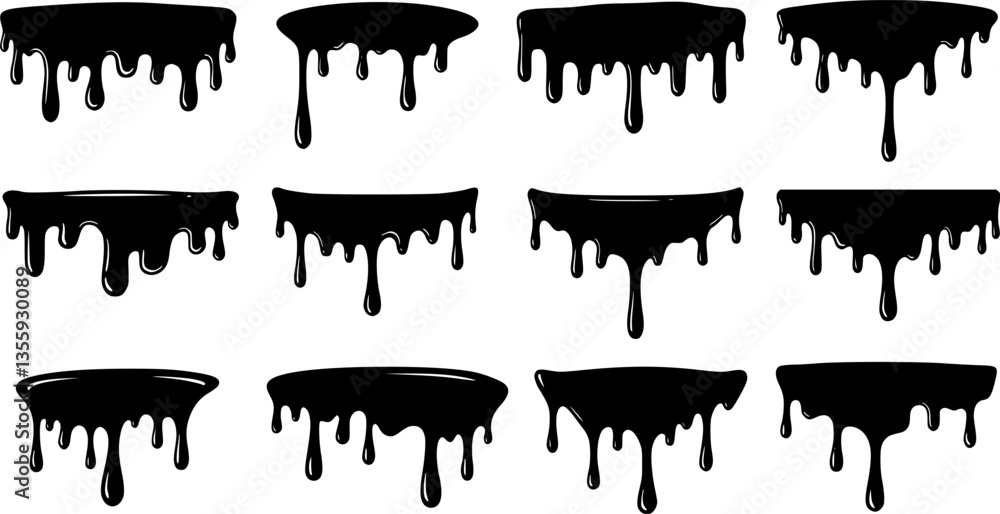 Obraz premium Silhouette dripping paint or black liquid melting, vector illustration set isolated on a white background. Dripping oil, cartoon style design elements collection.