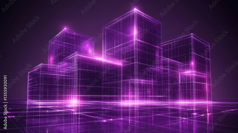 Obraz premium Futuristic Neon Cubes with Grid Lines in Dark Background