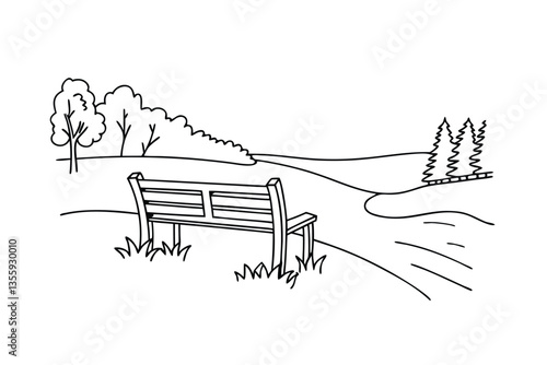 Serene Park Bench Scene Trees, River, Relaxation, Nature, Landscape