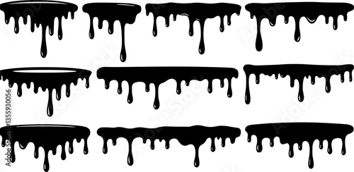 Silhouette dripping paint or black liquid melting, vector illustration set isolated on a white background. Dripping oil, cartoon style design elements collection.