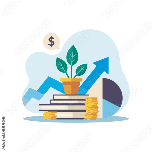 Financial Growth and Investment Education Concept,Business Success and Wealth Management Illustration,Money Investment with Books and Rising Graph,Financial Planning and Market Analysis Vector