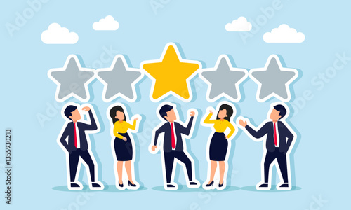 Businesspeople gather, each with a gray star above their head, except for one star retaining its original color, illustration of tendency in choosing the right product quality standard