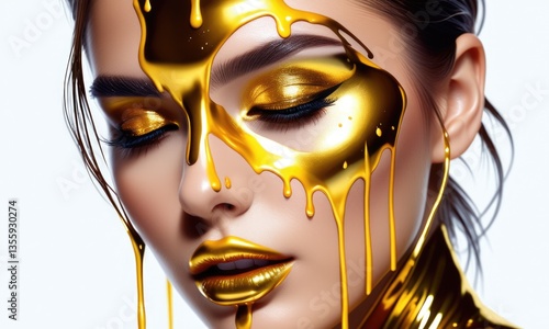 Golden makeup art: stunning lady with metallic face paint and bold lipstick