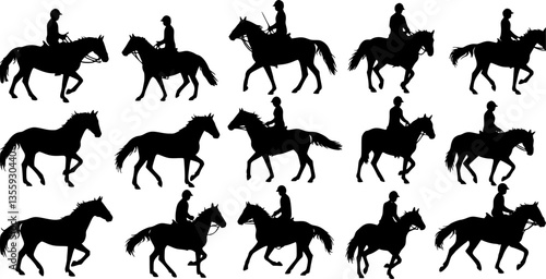 set of equestrian silhouette black and white in many profile side front view. vector set