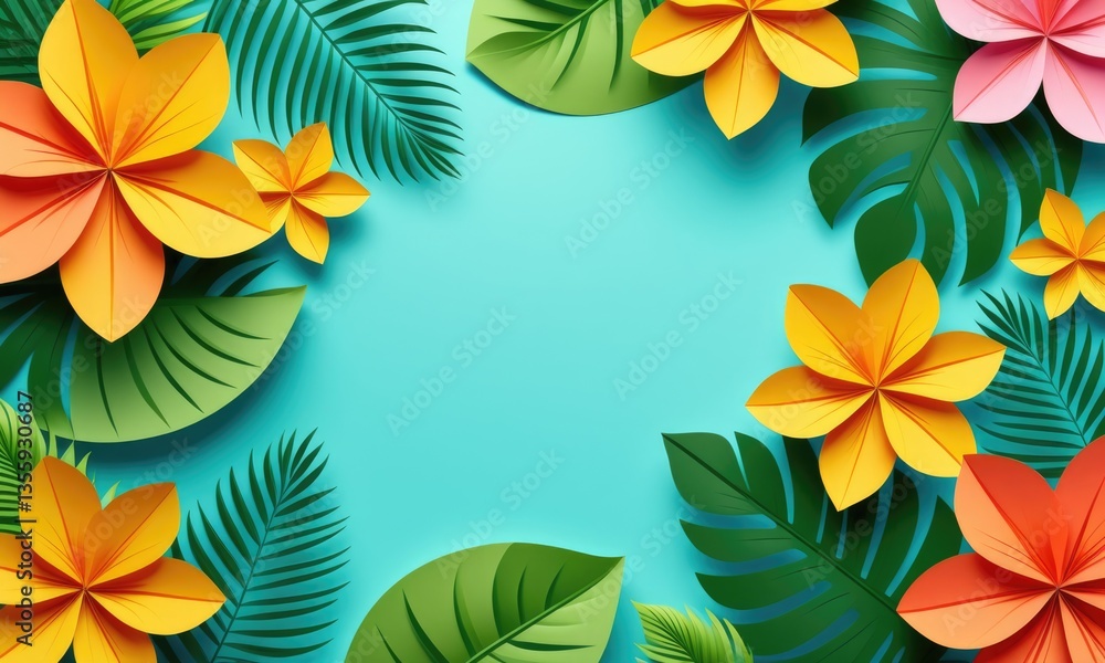 Fototapeta premium Vibrant tropical paper flowers and leaves on aqua background for summer designs