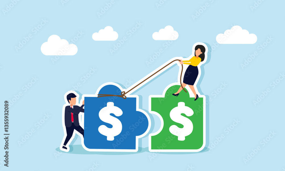 Obraz premium Businessman and businesswoman work together to connect dollar-marked puzzle pieces, illustration of a match in balancing business finances