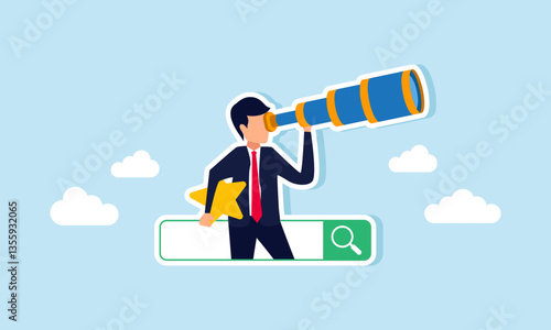 A businessman emerges from a search engine, peering into the distance while hold a star, illustration of efforts in monitor and analyze the improve of business service quality